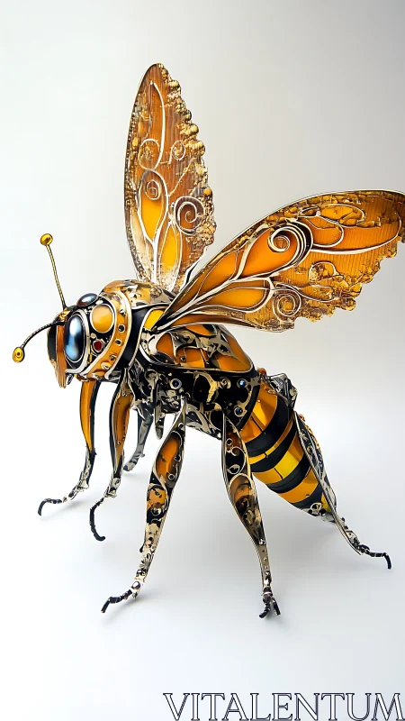 Steampunk mechanical bee sculpture with ornate amber wings.