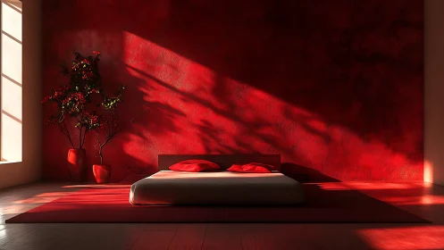 Minimalist red bedroom glows under dramatic window light.