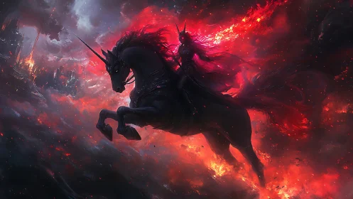 Infernal unicorn charge with armored rider through volcanic sky.