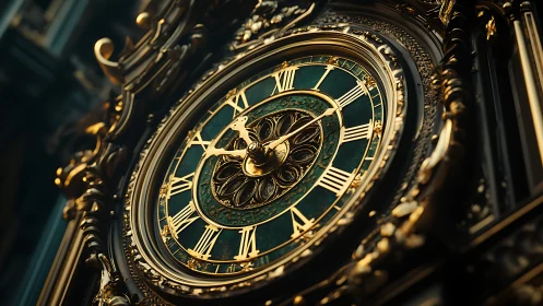 Ornate baroque clock face rendered in dramatic shallow focus