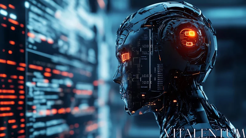 Neon-lit cybernetic mind studies cascading data highways.