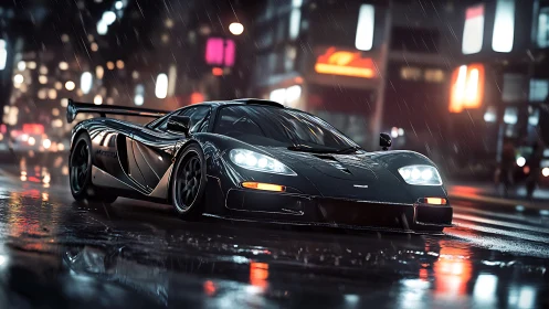 Midnight supercar cuts through neon soaked city rain.