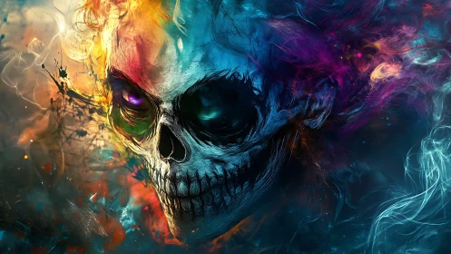 Vivid cosmic skull swirls with wild neon fire and shadowed glow