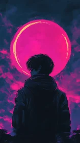 Solitary figure before vivid neon pink moon at night.
