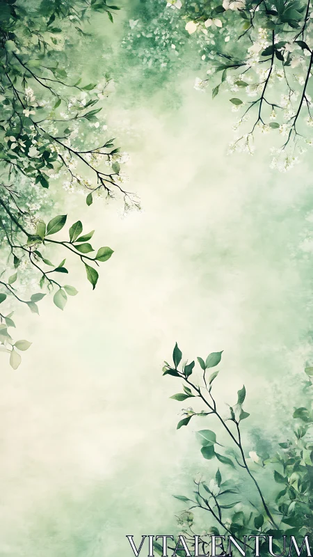 Botanical canopy vignette with atmospheric green diffusion.