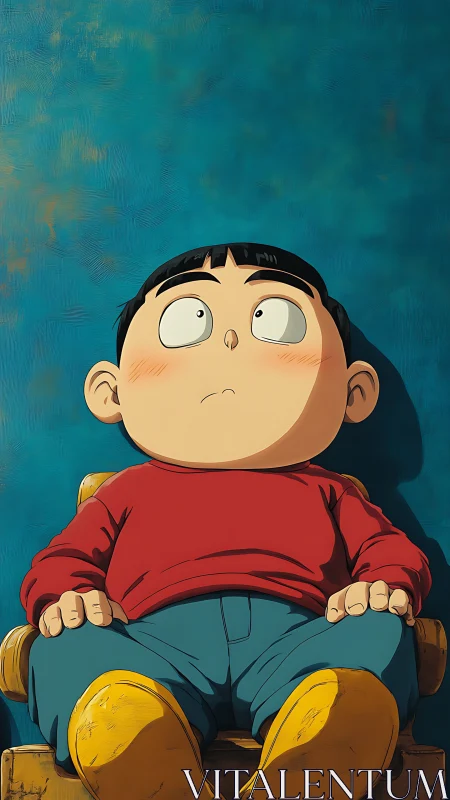 Cartoon boy stares upward from wooden chair against teal wall