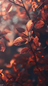 Sunlit copper leaves hang on thin branches in soft focus