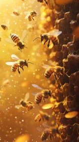 Rendered worker bees hover near detailed honeycomb surface