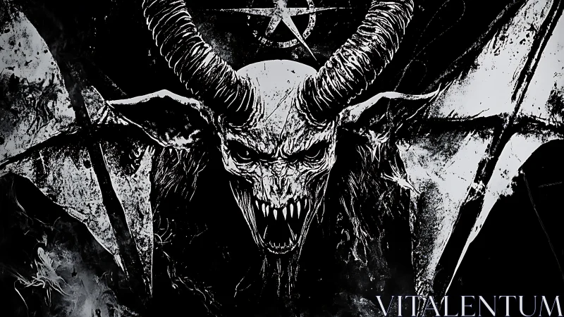Nightmarish horned demon bursts from shadow in stark monochrome