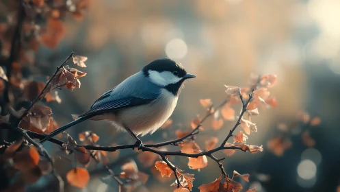 Small songbird perched on autumn branch in soft dreamy light.