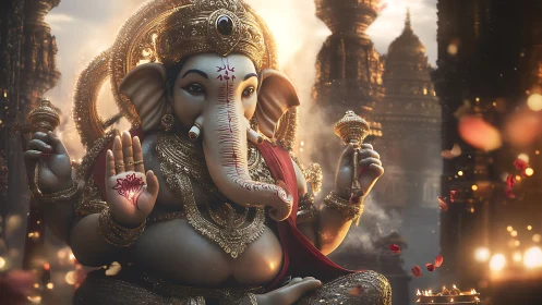 Ganesha glows in temple dusk, cradling blessings and light