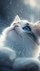 White Cat with Piercing Blue Eyes Gazing Upward.