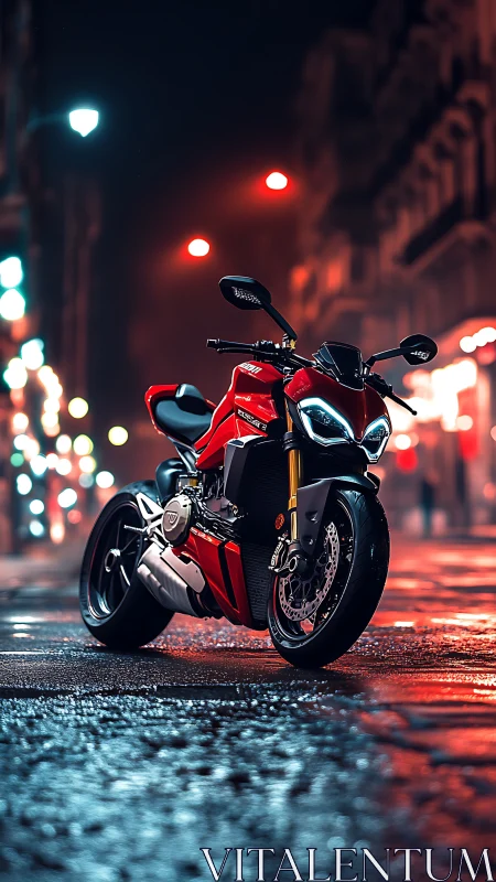 Red sport motorcycle under neon-lit wet city streetlights.
