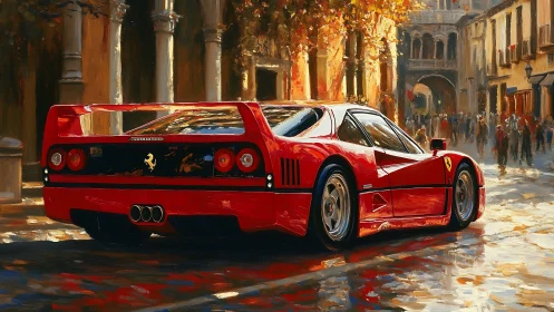 Red Ferrari sports car in sunlit European city street.