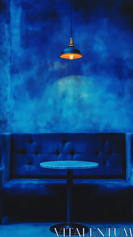Moody blue lounge with single pendant light over table.