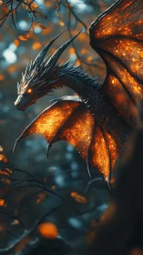 Glowing forest dragon stretching fiery wings at twilight.