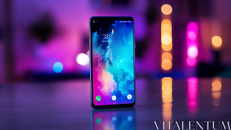Smartphone displaying vibrant gradient wallpaper in neon environment.