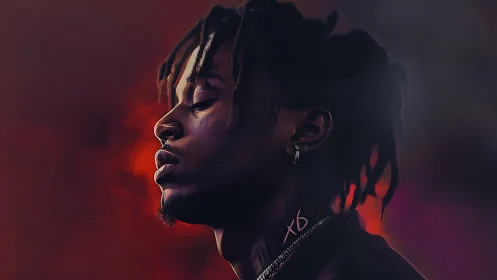 Digital painting profile portrait with cinematic red backlight.