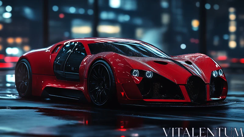Red futuristic sports car in rainy neon city at night.