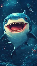 Baby shark bursts upward, grinning through swirling starlit sea