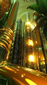 Golden rainforest towers in a chrome soaked future skyline.