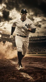 Dynamic baseball runner under storm-laden stadium sky.