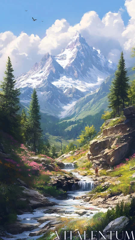 Digital painting of alpine stream, wildflowers, and snow peak.