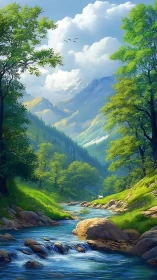 Sunlit alpine valley stream with layered mountain vistas.