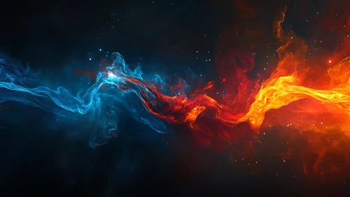 Blue and orange plasma streams collide in dynamic abstract energy display.