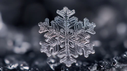 Macro close-up of hexagonal snowflake over dark surface.