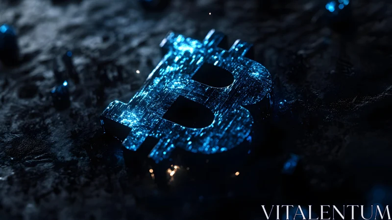 Shiny Blue Bitcoin Symbol on Dark Textured Background, Digital Art.