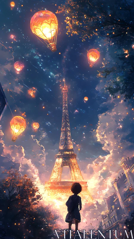 Child gazing at illuminated Eiffel Tower with glowing sky balloons