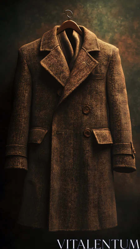 Brown wool overcoat on hanger in dramatic studio light.