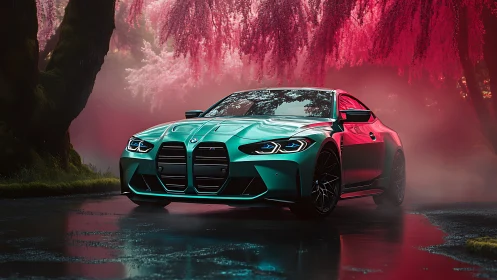 Teal performance coupe rendered in neon misted forest lane