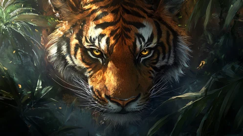 Tiger gaze cuts jungle shadow, molten amber eyes burn.