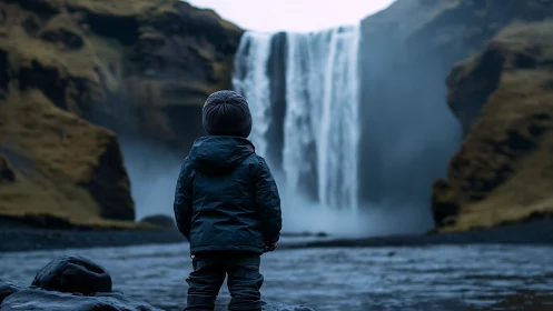 Young explorer quietly admires a powerful misty waterfall