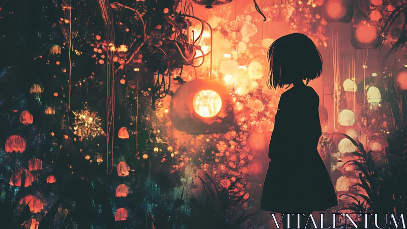 Silhouetted girl observes dense lantern field in high contrast lighting