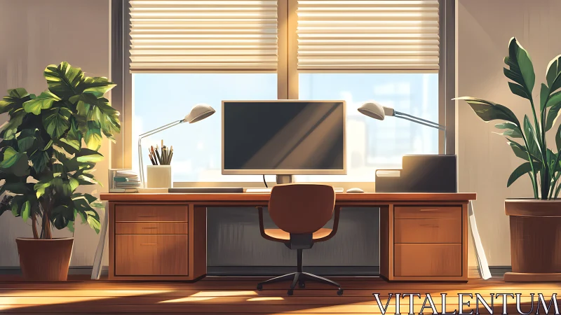 Sunny minimalist home office with wooden desk and plants.