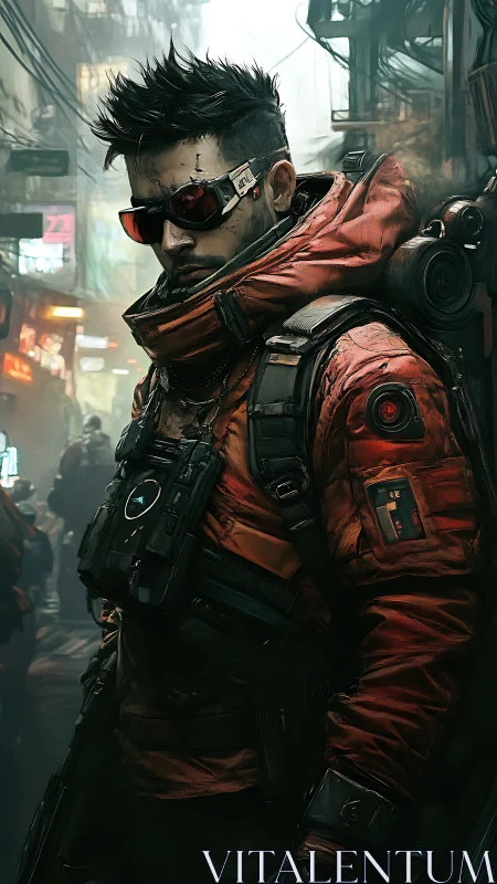 Cybernetic street operative in red tactical exosuit stance.