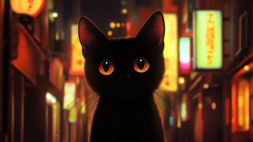 Black cat with amber eyes in neon lit city alleyway.