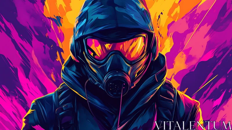Neon rogue in a gas mask storms the ultraviolet blaze.