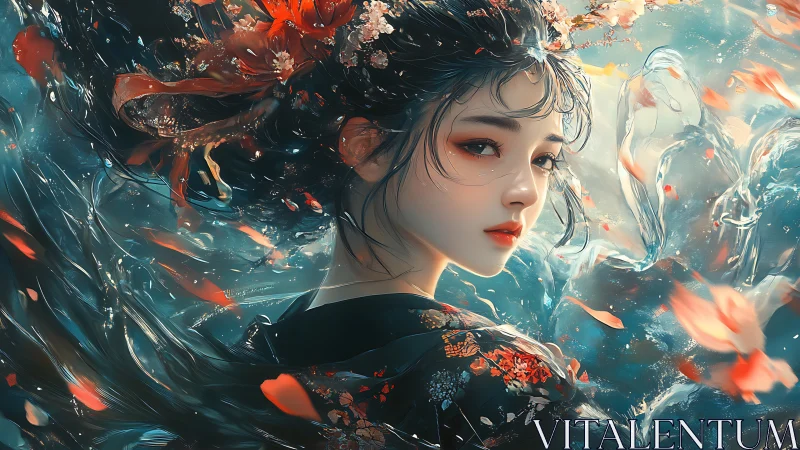 Ethereal geisha portrait swirls through liquid petals. Period