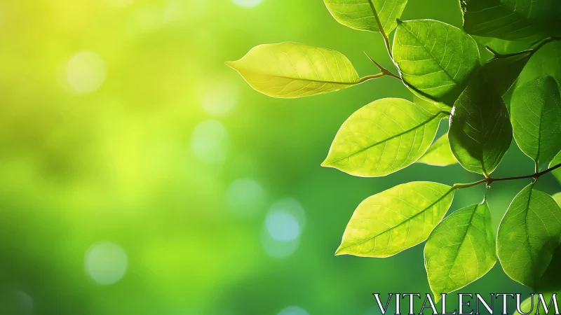 Sunlit green leaves with vivid bokeh forest backdrop.
