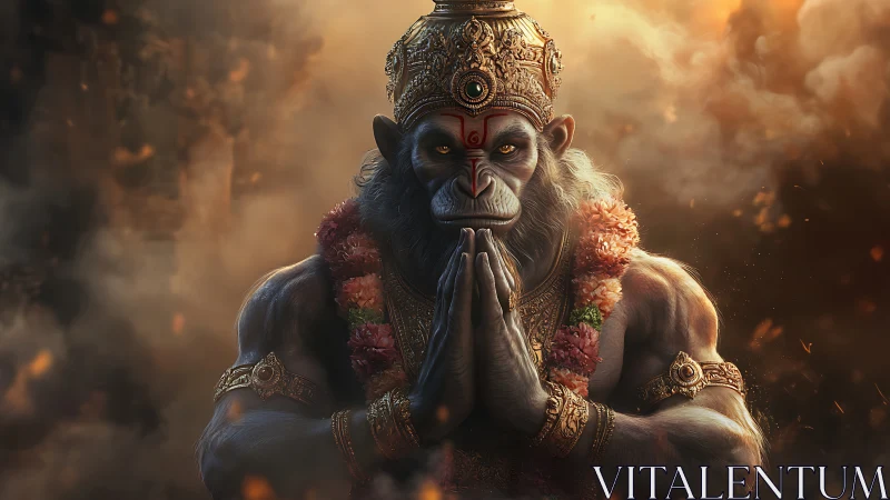 3D mythic simian deity portrait in dramatic devotional pose.