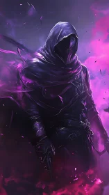 Void-clad rogue strides through shattering violet tempest.