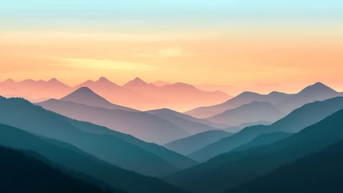 Layered alpine ridgeline gradient under warm pastel sunrise
