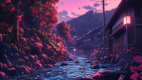 Twilight river village under pink sky in anime style.