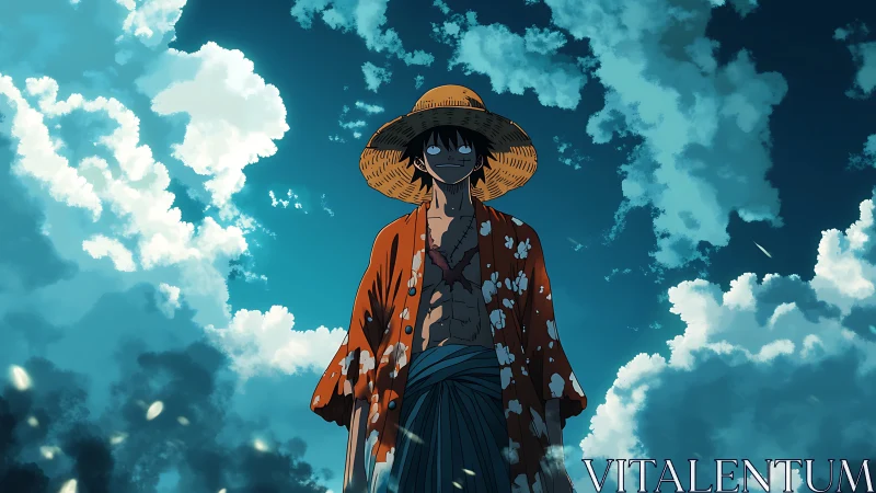 Straw-hatted wanderer stands beneath dramatic azure sky.