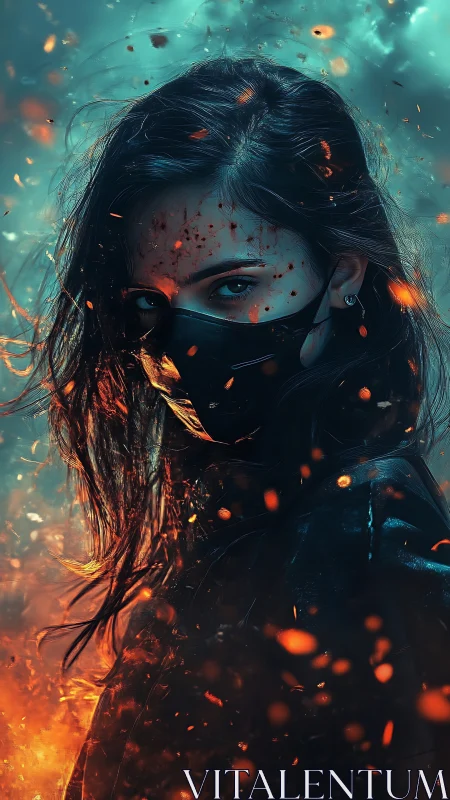 Masked woman amid fire and embers in dramatic portrait.
