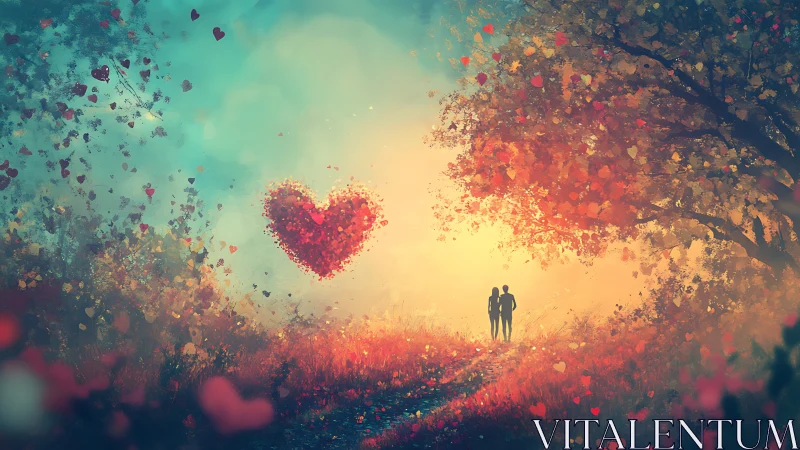 Digital painting depicting silhouetted couple beneath large heart shape in particle field.